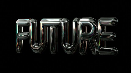 A futuristic poster showing the word 'FUTURE' in chrome 3D letters, floating against a deep black background with subtle reflections