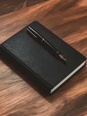 A black notebook with a silver pen resting on top placed on a wooden surface in a close up studio shot