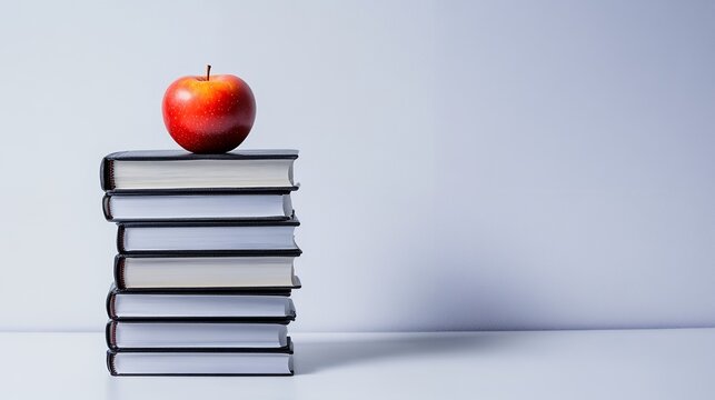 A stack of books with a red apple on top against a plain white background in a studio setting