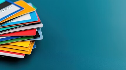 A colorful stack of plastic cards lies on a blue surface, with ample empty space on the right.