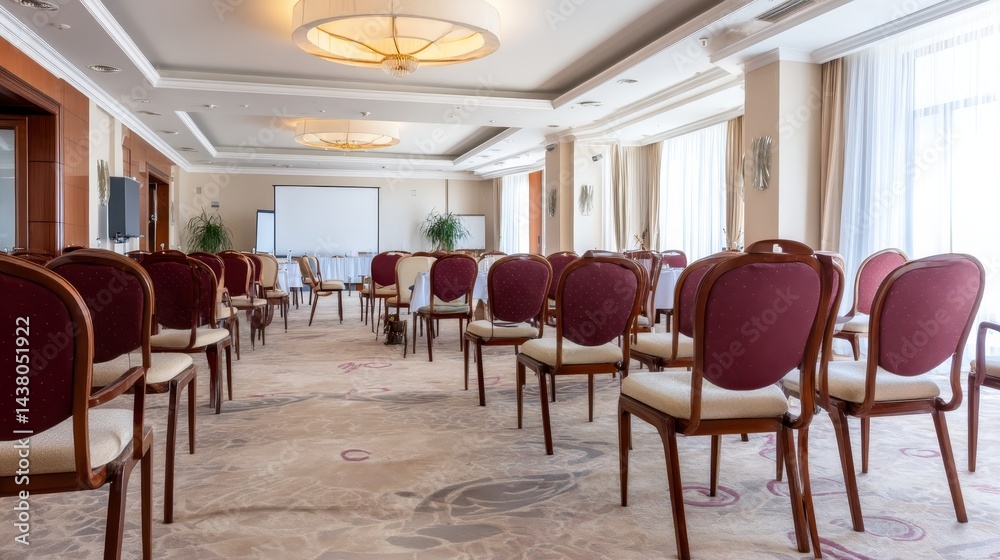 Leinwandbilder wide-angle view of an empty conference hall featuring rows of cushioned seats and a large blank scre