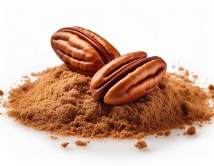 two pecans resting on a pile of ground pecan powder against white background