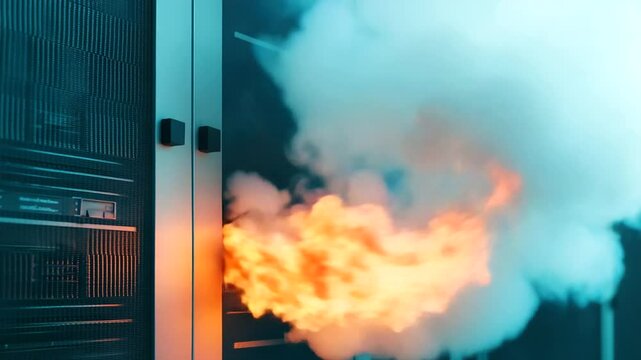 Flames erupt from a server rack in a data center, causing smoke to billow into the air. The fire's rapid spread jeopardizes critical equipment, highlighting the urgent need for fir