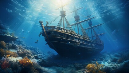 Fototapeta premium sunken vessel enigmatic shipwreck beneath the waves in the deep blue ocean