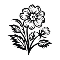 Black and White Blossom Blooming Flower with Detailed Leaves and Stem Outlines Design