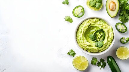 Obraz premium Fresh Guacamole Bowl Garnished with Cilantro and Sliced Jalapeños