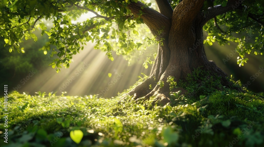 Poster soft light pulses through the roots of a giant tree, creating a dreamlike woodland scene