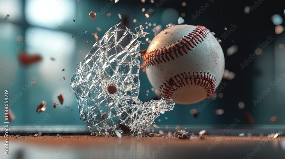 Poster The instant of impact: baseball and broken window captured in dynamic freeze frame