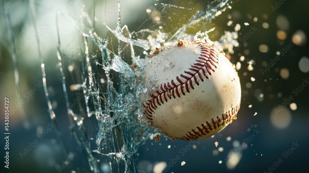 Poster The instant of impact: baseball and broken window captured in dynamic freeze frame