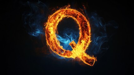 Fiery letter Q, burning, abstract, dark background, design element