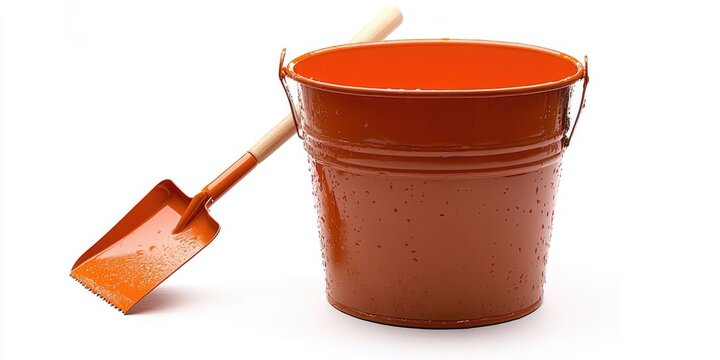 A rusty orange toy bucket and shovel against a bright white background. Use for summer, beach, childhood, or gardening content and e-commerce product listings. Style: Studio Shot.

