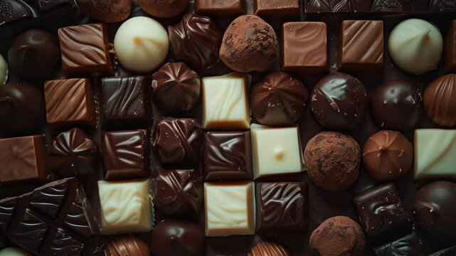 A close up of many different types of chocolates. Concept of indulgence and luxury, as the various shapes and sizes of chocolates are arranged in a visually appealing manner