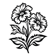 Black and White Blossom Blooming Flower with Detailed Leaves and Stem Outlines Design