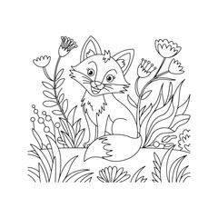 Cute fox character in the forest with mushrooms and plants, perfect for a nature-themed children’s coloring page.