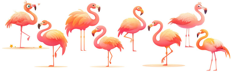 Fototapeta premium Illustration set of Cartoon Graceful Pink Flamingo Balancing on One Leg in Isolated Transparent Background
