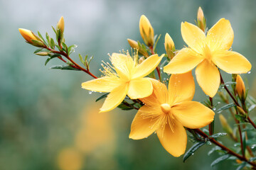 Bright yellow St. John's wort flowers with water droplets on soft blurred background, known for relieving depression, reducing anxiety, healing wounds, and supporting nervous system health.