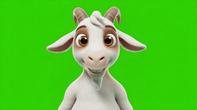 Animated cartoon goat character standing cheerfully on green screen