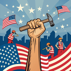 Happy Labor Day Celebrating The Dignity Of Work .,Happy Labor Day Patriotic Illustration With Clenched Fist Holding Hammer 
