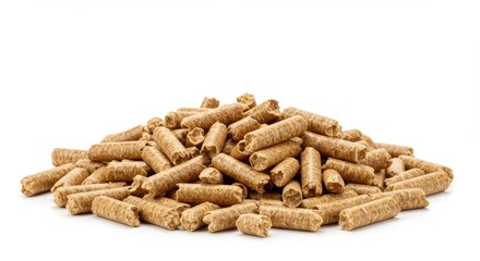 A close up shot of a pile of wooden pellets used for heating on a white background in a studio shot