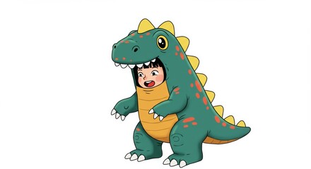Fototapeta premium Cartoon illustration of a child wearing a green dinosaur costume with yellow spikes and red spots