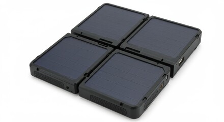 Close up image of four black solar panels arranged together on a white surface in a square shape