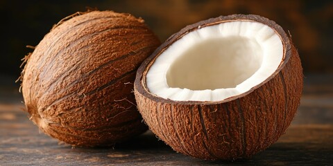 Whole and halved coconut on a rustic background, perfect for tropical recipes, healthy eating, or beauty product blogs.