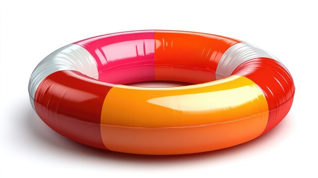 Colorful red, orange, and white inflatable life preserver ring isolated on a white background. Excellent for sites/blogs on safety, summer, pool parties, water sports, beach travel, and assistance/res