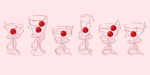 Coquette wine glass with ribbon and cherry of hand drawn line art style. Simple crayon and sketch symbols for Valentine day and invitations templates. Doodle vector illustration