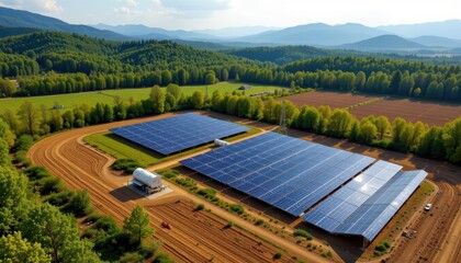 Aerial View of Solar Farm in Lush Green Landscape with Mountains