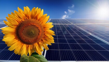 sunflower leaning over a solar panel symbolizing the use of sun energy through photosynthesis and photovoltaic process clean renewable power generation