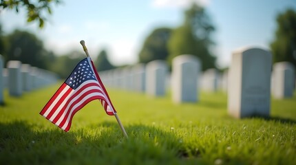 American Flag in Cemetery for Veterans Memorial Day Tribute