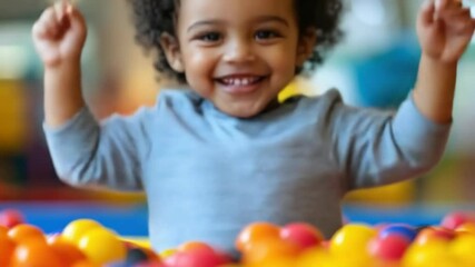 Happy african american boy playing joyfully in modern indoor playground having fun in colorful and bright playground inside shopping mall, - Powered by Adobe