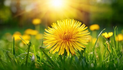 vibrant yellow dandelion blooming in lush green grass captured in spring sunshine