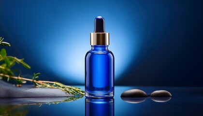 a captivating image of a vibrant cobalt blue serum bottle elegantly presented showcasing luxury and skincare with a minimalist aesthetic