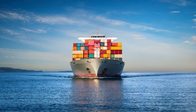 front view of cargo ship loaded with colorful containers sailing on calm waters