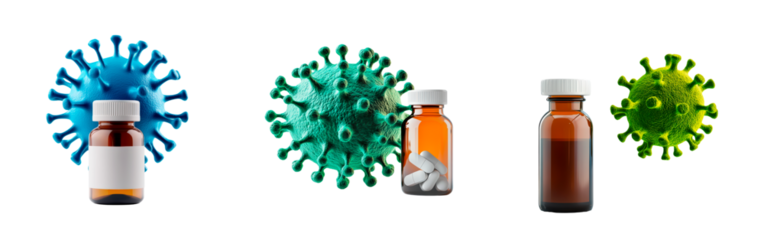 Pill bottle surrounded by virus isolated on transparent background