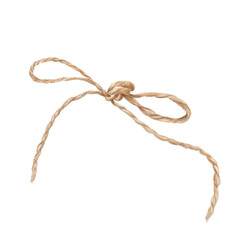 A bow made of jute rope. Watercolor illustration. Thin twisted twine, knotted, insulated on a white background Twine, knotted bows and rope knots for bouquets, gifts and nautical themes