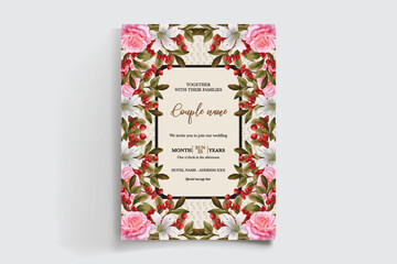 WEDDING INVITATION FRAME WITH FLOWER DECORATIONS AND FRESH LEAVES