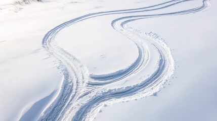 Aerial View of Snow Covered Car Tracks Weaving Through a Quiet Icy Field Isolated White Background Serene Cold Silence