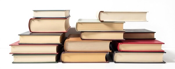 Pile of various books isolated on white backdrop, learning, education