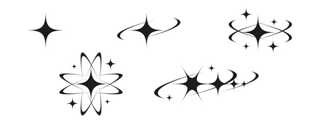 Set Y2K trendy twinkle stars bling isolated transparent background. Abstract retro sparkle tattoo shapes. Collection simple Geometric sign vector illustration. EPS 10