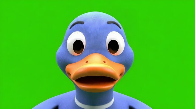 Animated cartoon dodo bird character smiling amusingly on green screen