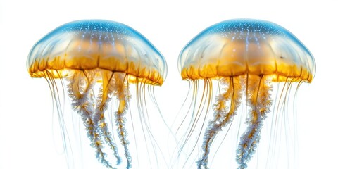 Watercolour jellyfish with multi-coloured translucent bodies on white background for marine life blogs,oceanographic sites and educational materials.
