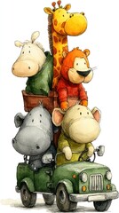 Cartoon animals in a safari vehicle