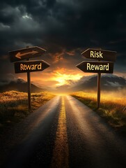 A path diverges with signs for risk and reward, symbolizing choices in life.