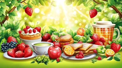 Whimsical food illustration with strawberries pastries and drinks on picnic with bright colors