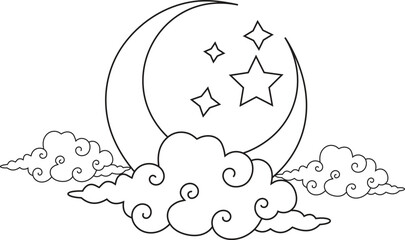 Moon and Stars with Clouds Line Art Illustration – Night Sky Drawing
