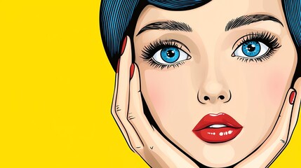 Pensive Pop Art Portrait of a Young Woman with Blue Hair and Red Lips