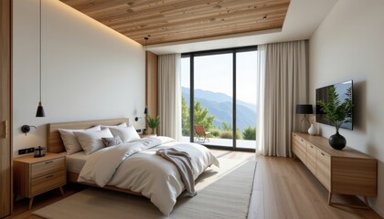 Serene Modern Bedroom with Mountain View and Natural Light