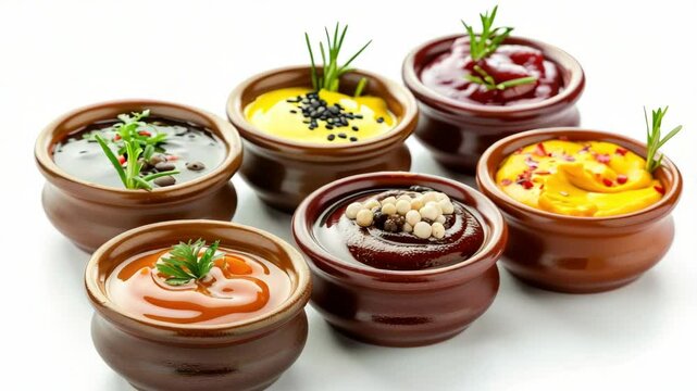 A row of six bowls filled with different sauces. The bowls are arranged in a row and are of various sizes